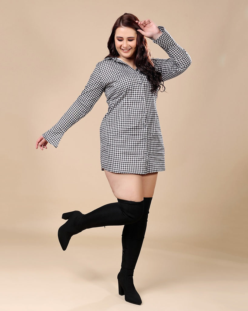 Model wearing Cotton Poplin Mini Dress with Pattern type: Checked-2