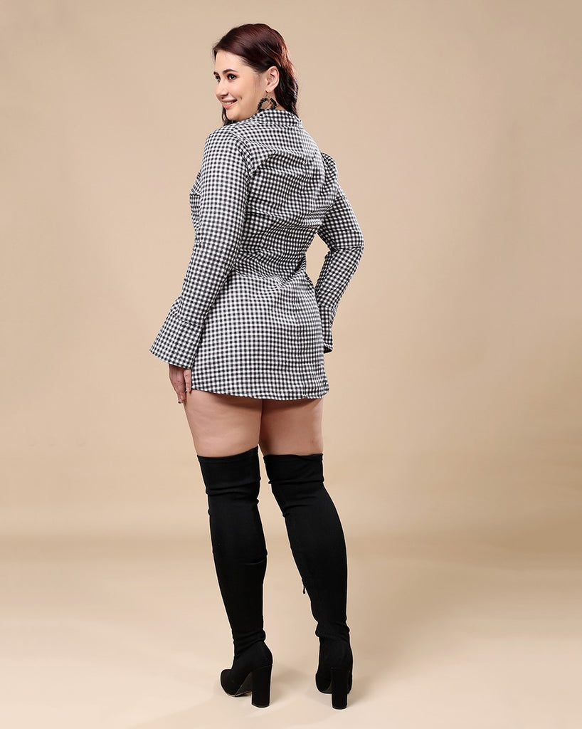 Model wearing Cotton Poplin Mini Dress with Pattern type: Checked-3