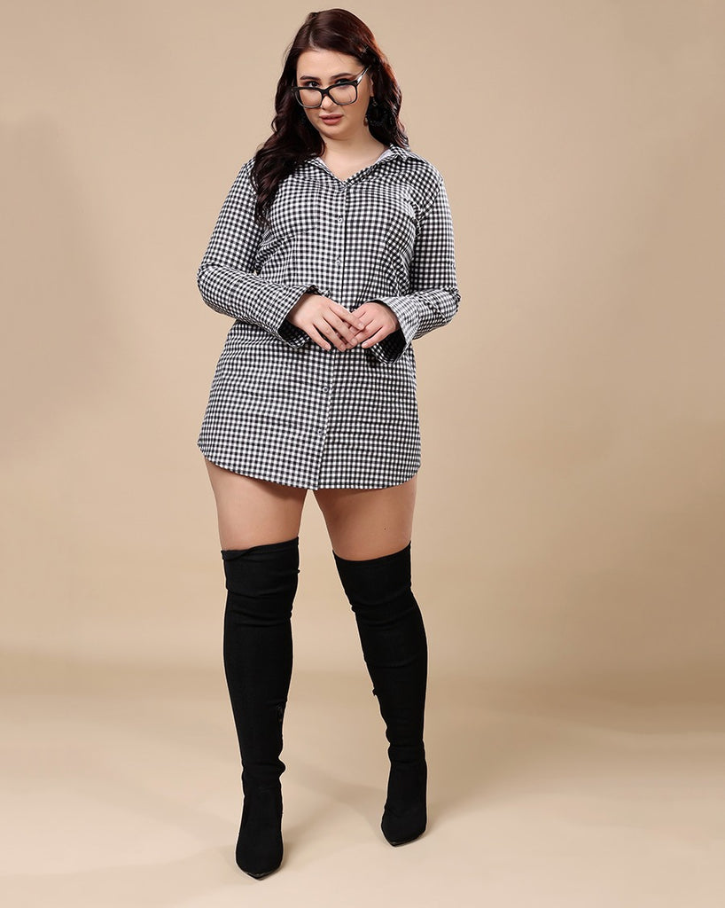 Model wearing Cotton Poplin Mini Dress with Pattern type: Checked-4