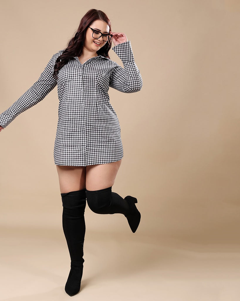 Model wearing Cotton Poplin Mini Dress with Pattern type: Checked-6