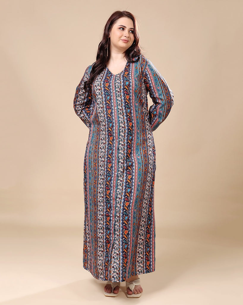 Model wearing Polyester Long Night Dress with Pattern type: Ethnic-1