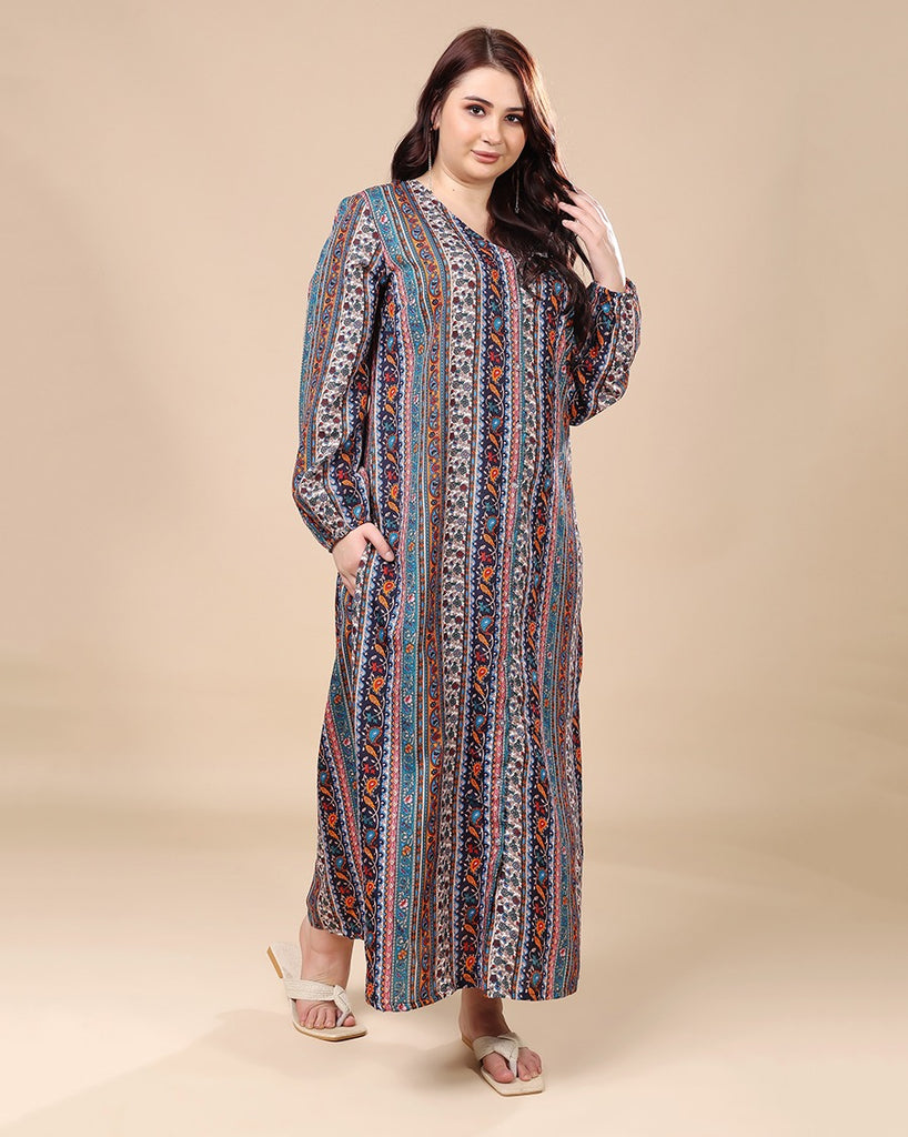 Model wearing Polyester Long Night Dress with Pattern type: Ethnic-2