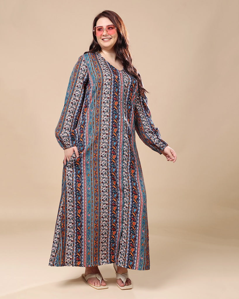 Model wearing Polyester Long Night Dress with Pattern type: Ethnic-6