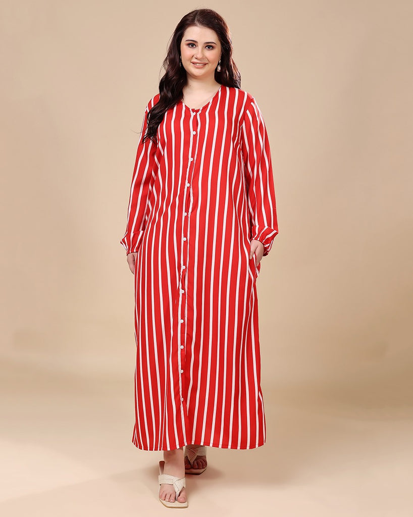 Model wearing Polyester Long Night Dress with Pattern type: Striped-1