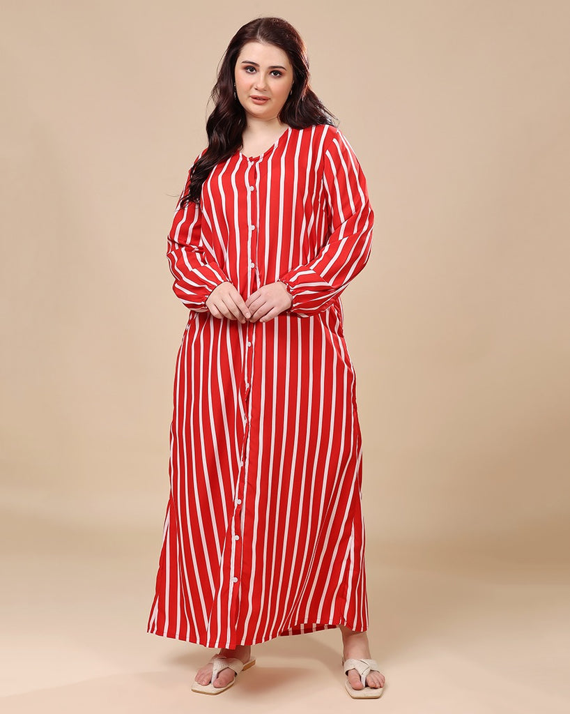 Model wearing Polyester Long Night Dress with Pattern type: Striped-2