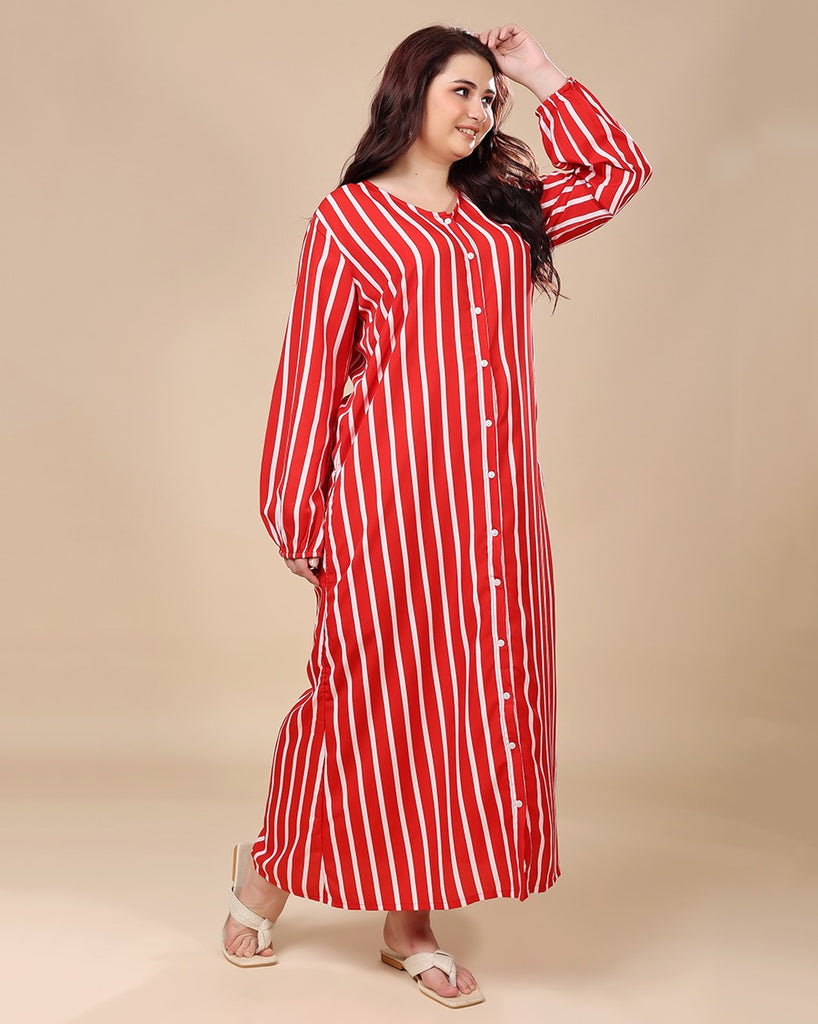 Model wearing Polyester Long Night Dress with Pattern type: Striped-3