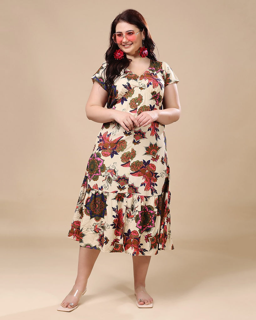 Model wearing Rayon Midi Dress with Pattern type: Ethnic-5