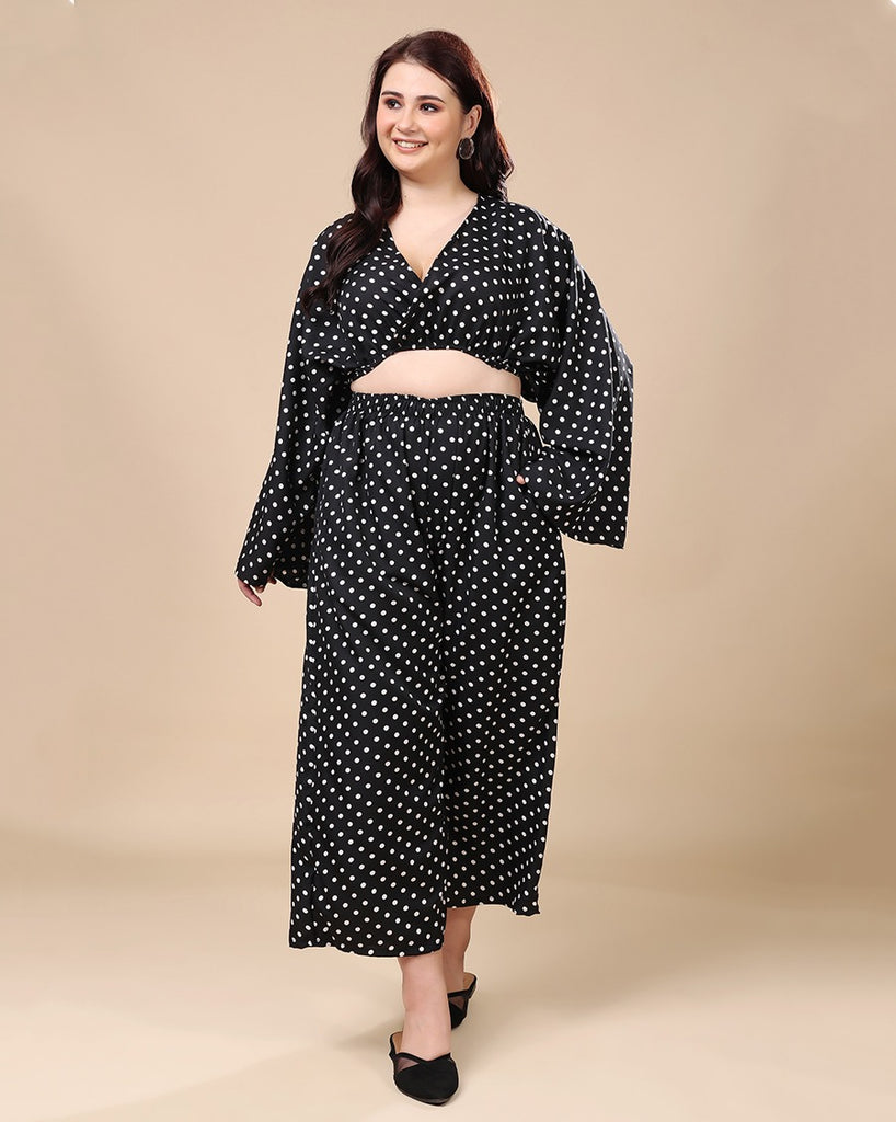 Model wearing Polyester Co-ord Set with Pattern type: Polka Dots-3