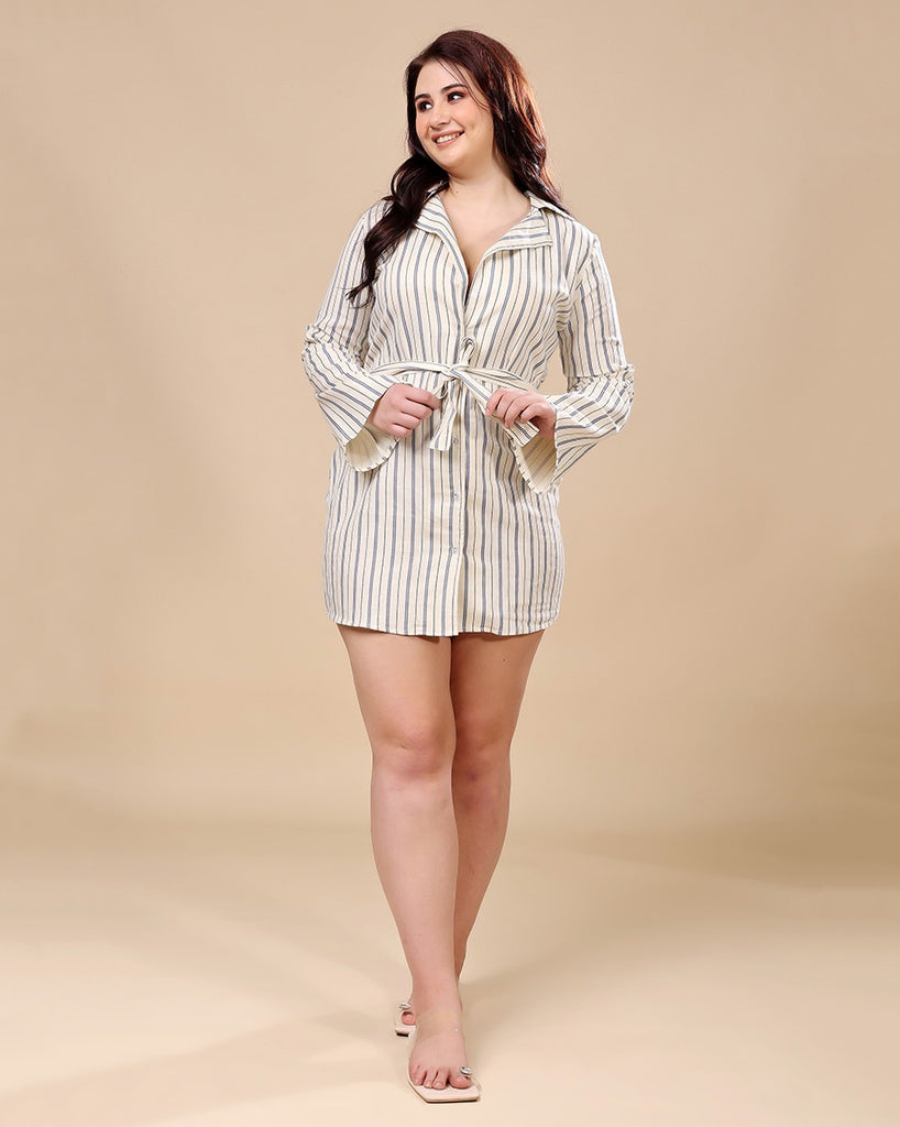 Model wearing Linen Mini Dress with Pattern type: Striped-2