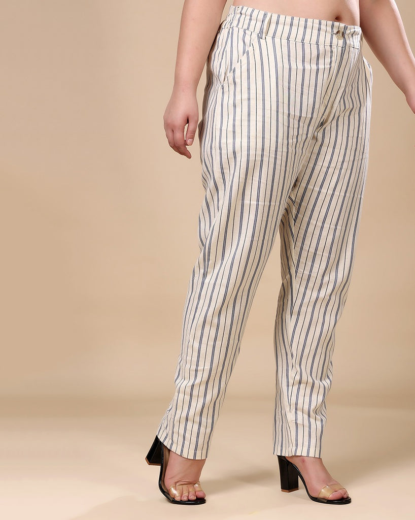 Model wearing Linen Pant with Pattern type: Striped-1