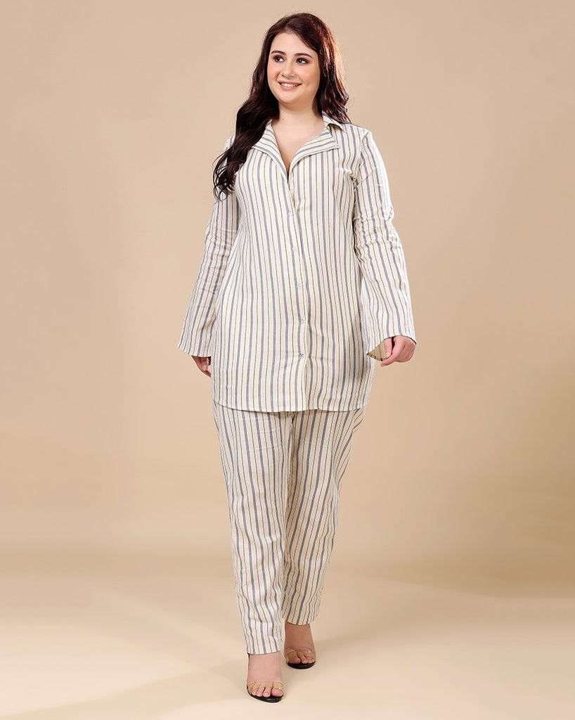 Model wearing Linen Co-ord Set with Pattern type: Striped-4