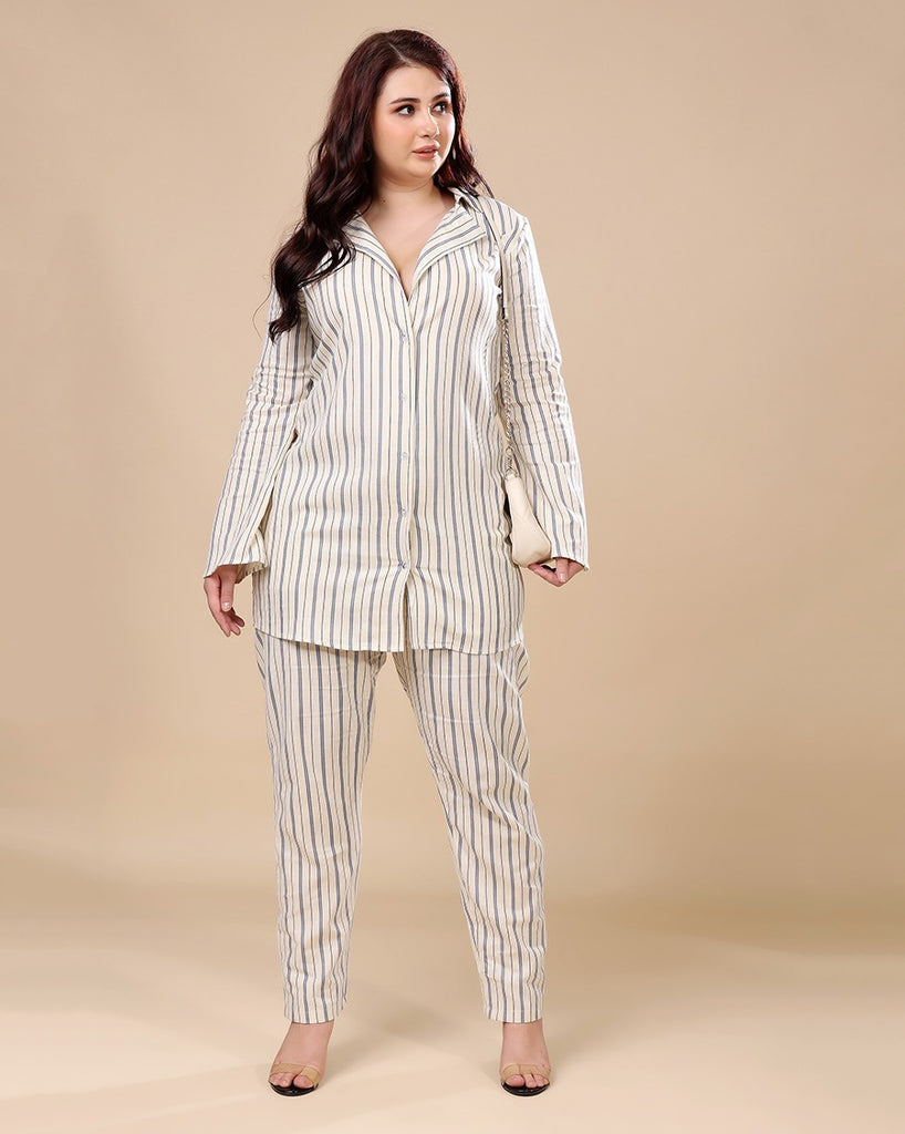 Model wearing Linen Co-ord Set with Pattern type: Striped-5