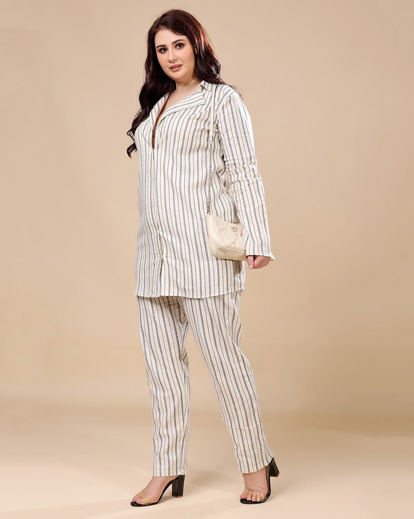 Model wearing Linen Co-ord Set with Pattern type: Striped-6