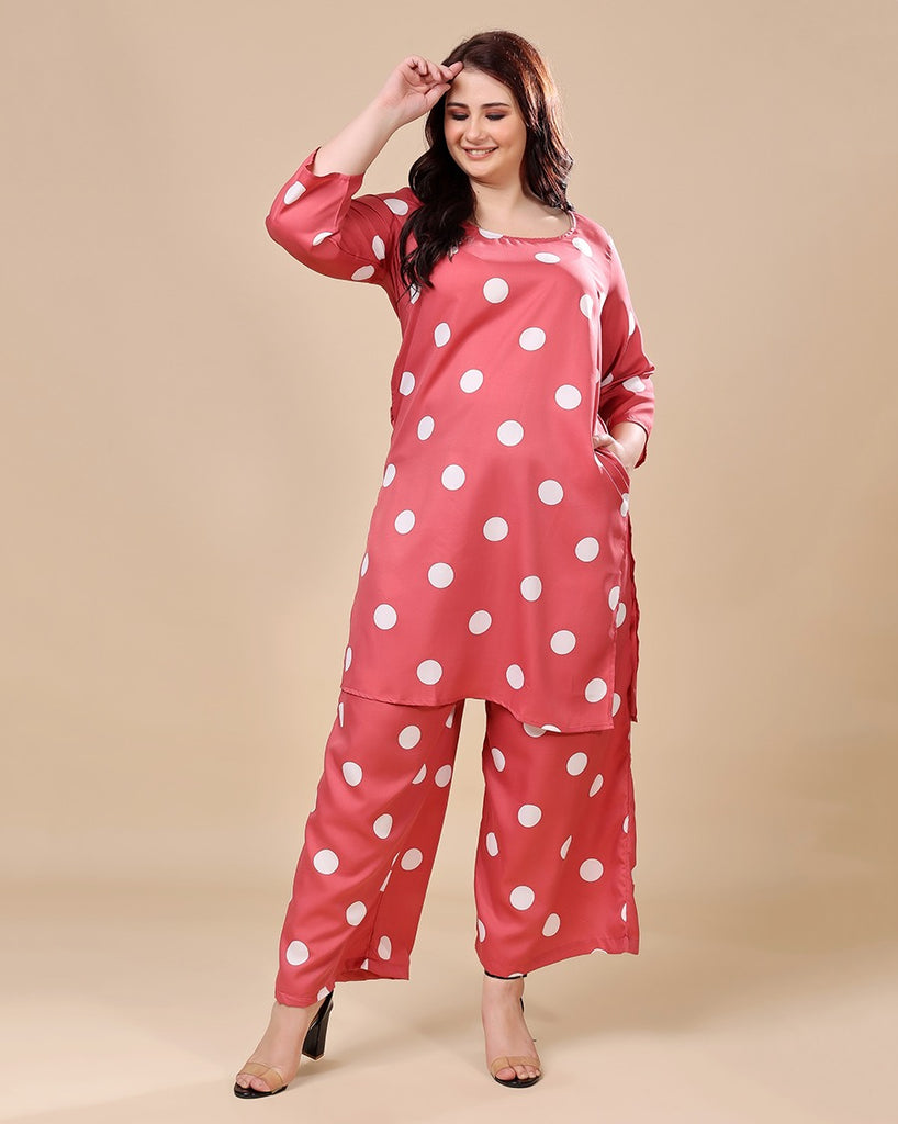 Model wearing Polyester Co-ord Set with Pattern type: Polka Dots-2