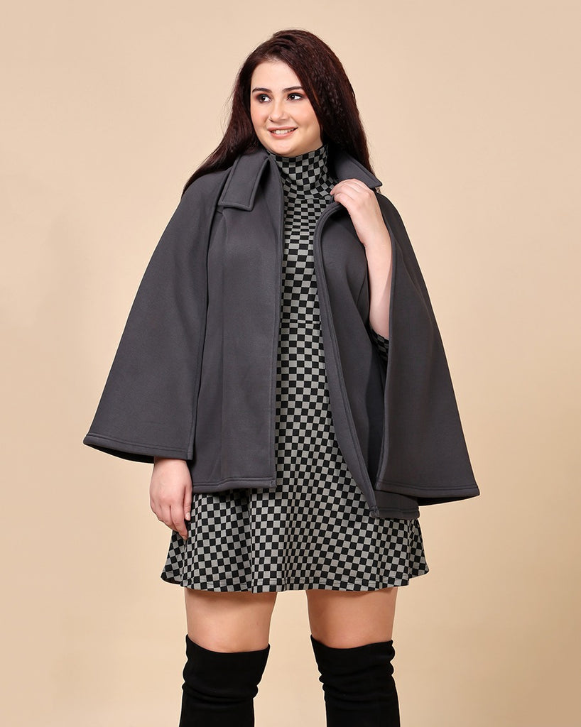 Model wearing 3 Layered French Terry Cape with Pattern type: Solid-1