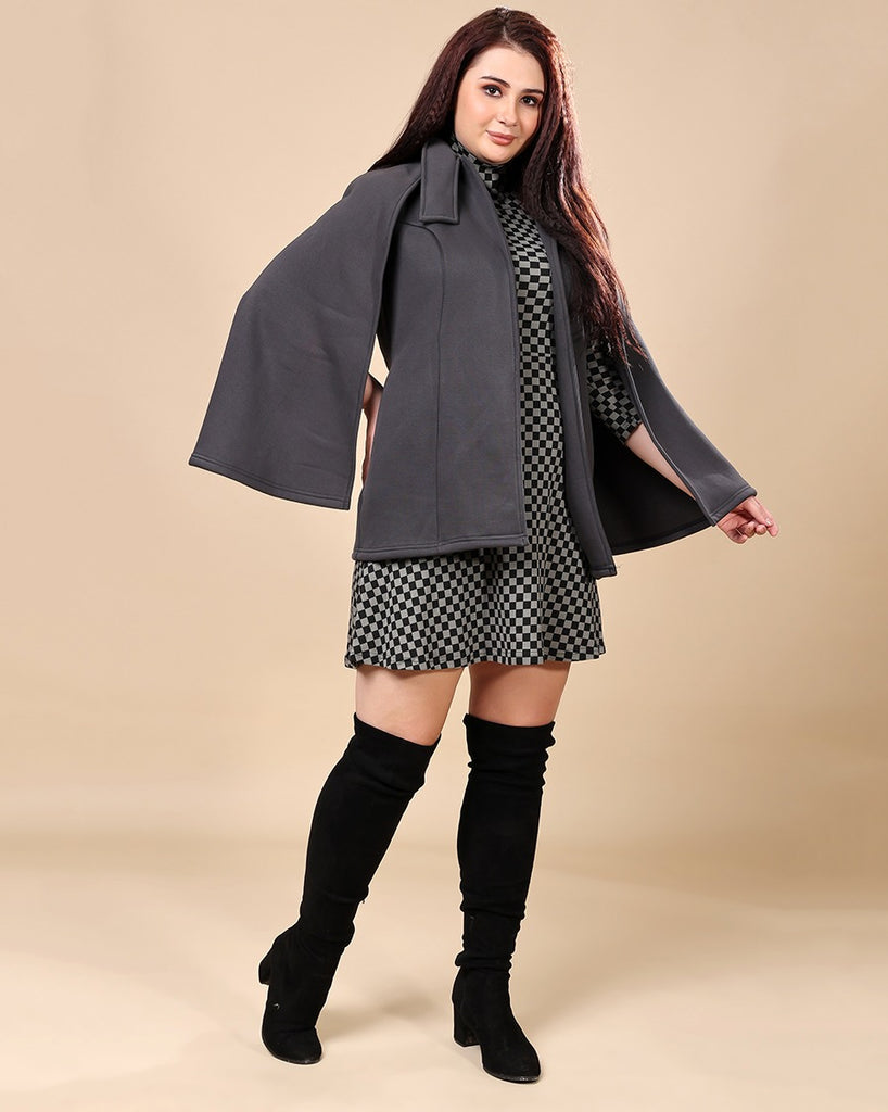 Model wearing 3 Layered French Terry Cape with Pattern type: Solid-2