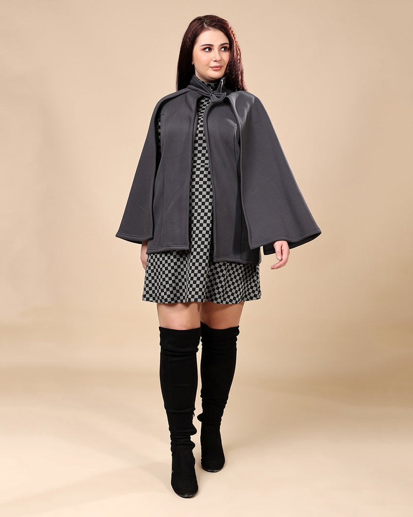 Model wearing 3 Layered French Terry Cape with Pattern type: Solid-5