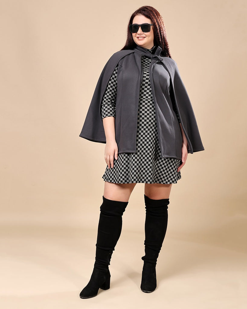 Model wearing 3 Layered French Terry Cape with Pattern type: Solid-6