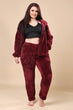 Solid Fur Jacket and Pants Co-ord Set-Maroon