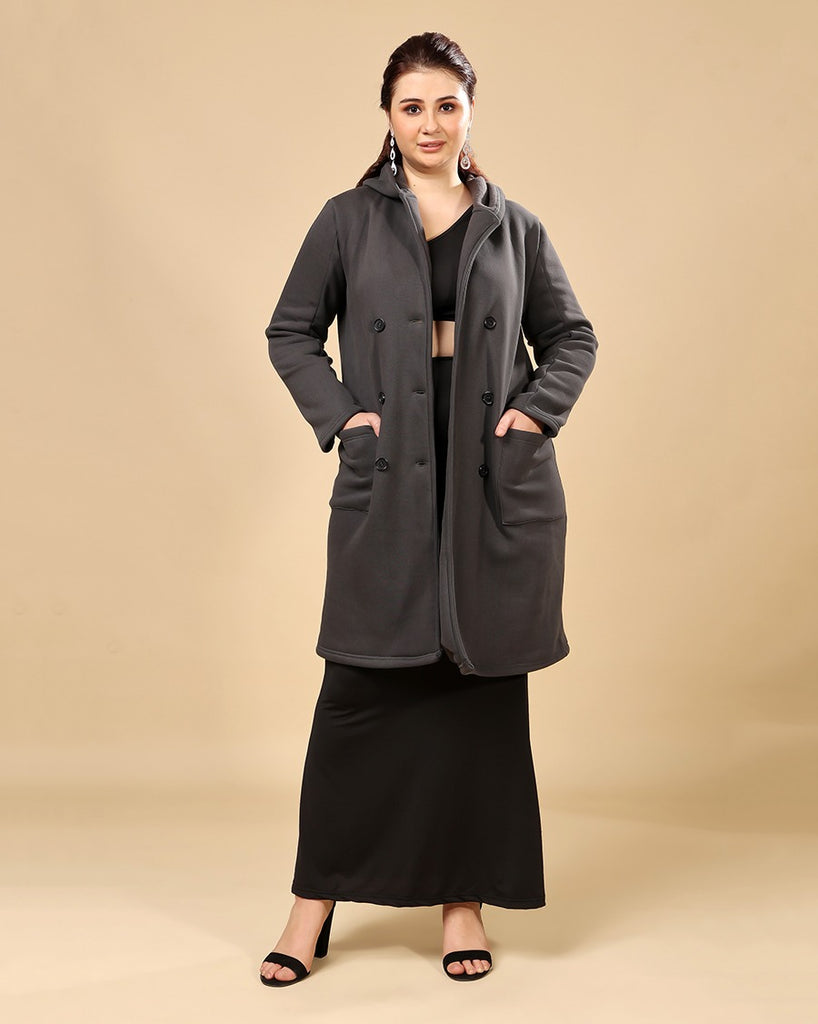 Model wearing 3 Layered French Terry Overcoat with Pattern type: Solid-2