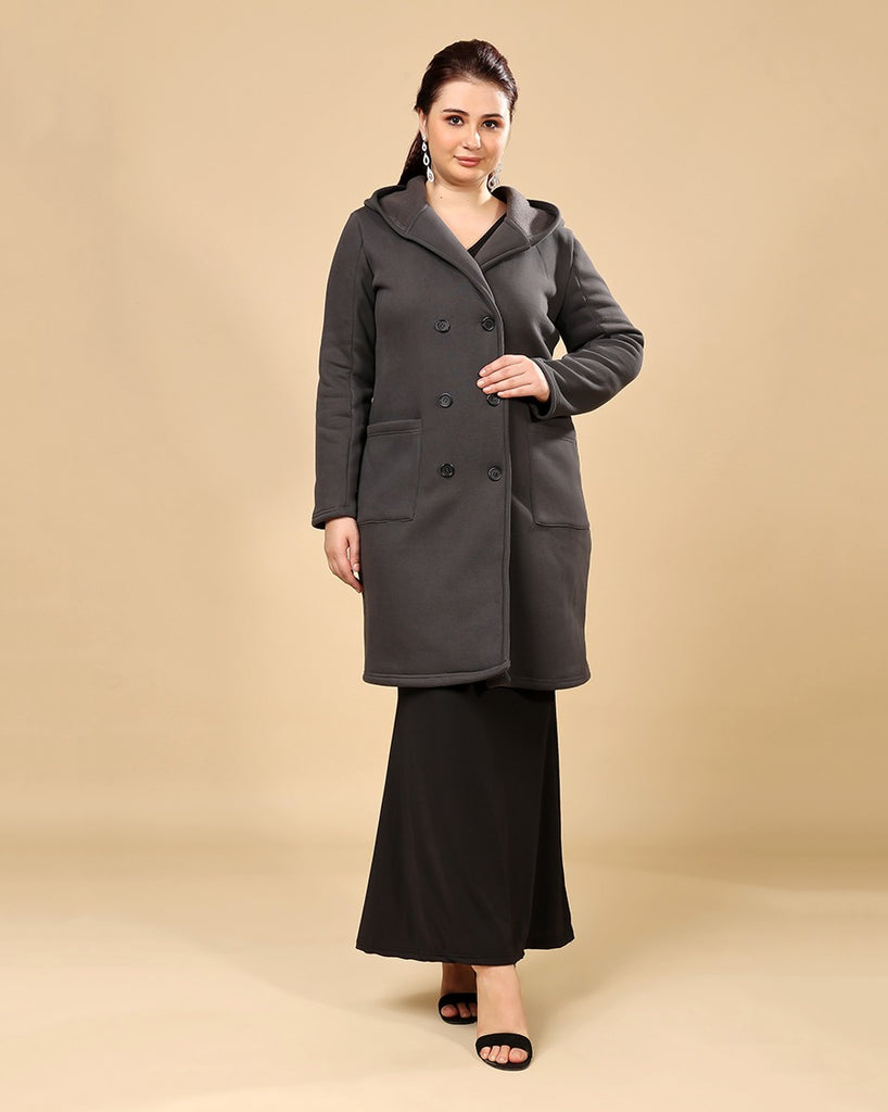 Model wearing 3 Layered French Terry Overcoat with Pattern type: Solid-3