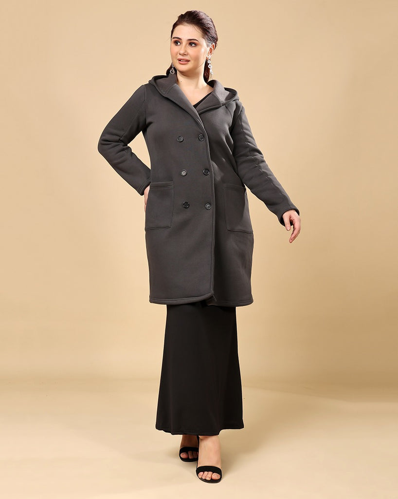 Model wearing 3 Layered French Terry Overcoat with Pattern type: Solid-4