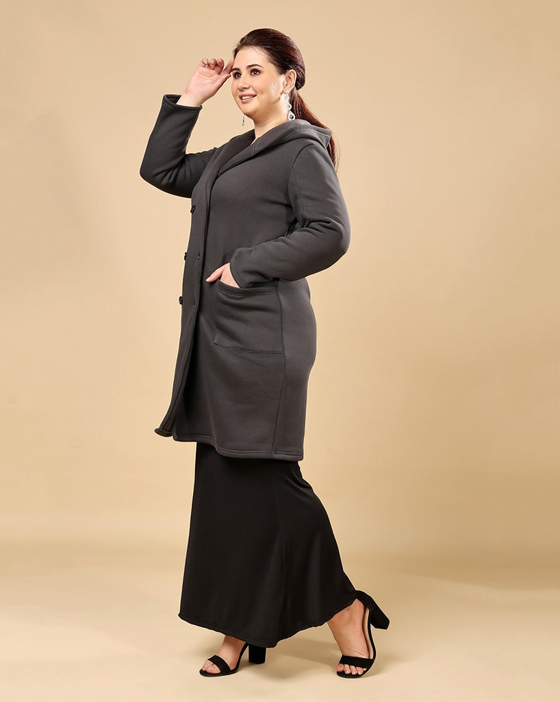 Model wearing 3 Layered French Terry Overcoat with Pattern type: Solid-5