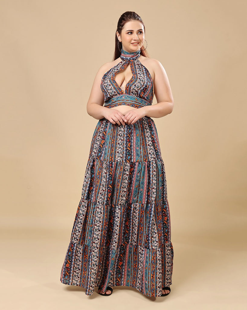 Model wearing Polyester Co-ord Set with Pattern type: Ethnic-3