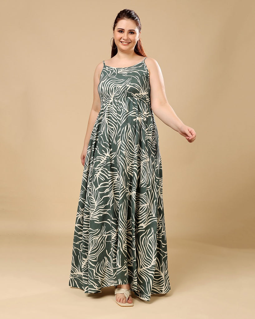 Model wearing Rayon Maxi Dress with Pattern type: Leaf-1