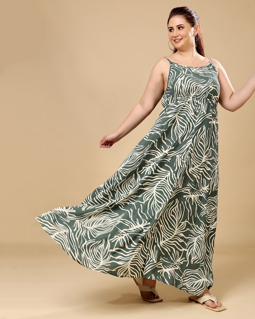 Model wearing Rayon Maxi Dress with Pattern type: Leaf-3