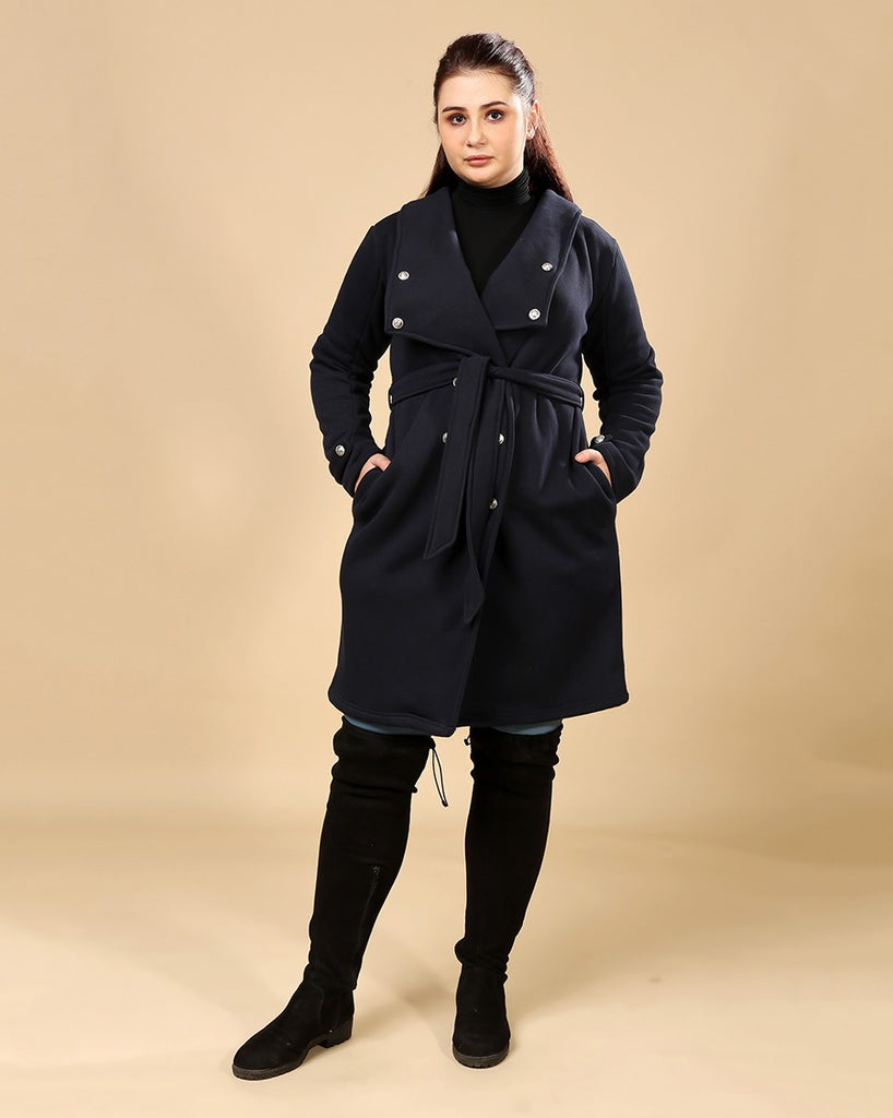 Model wearing 3 Layered French Terry Overcoat with Pattern type: Solid-1