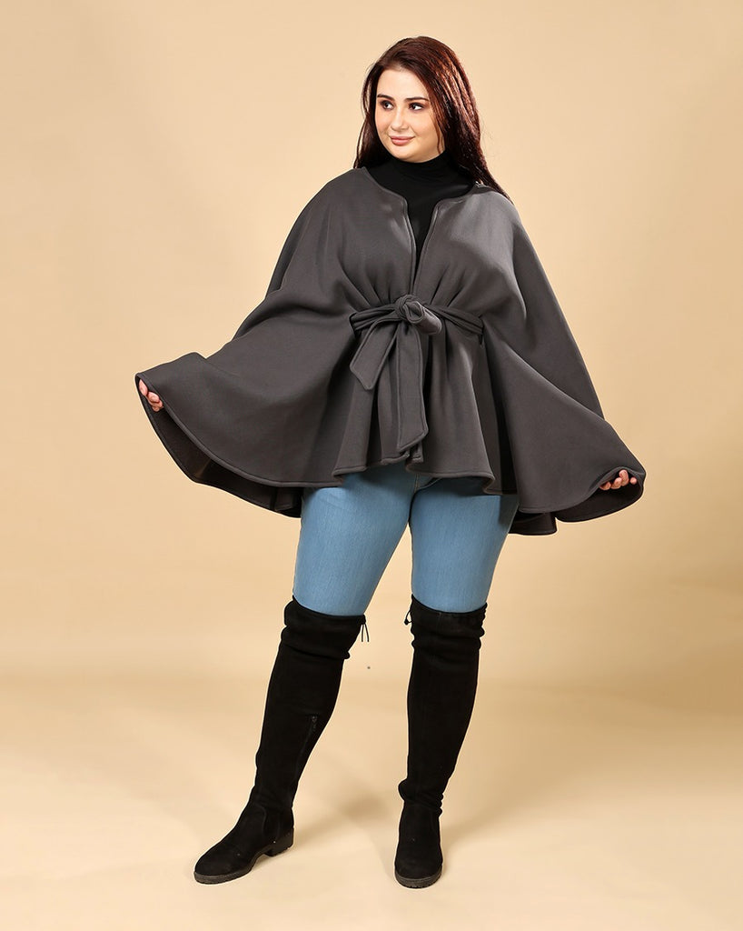 Model wearing 3 Layered French Terry Cape with Pattern type: Solid-1