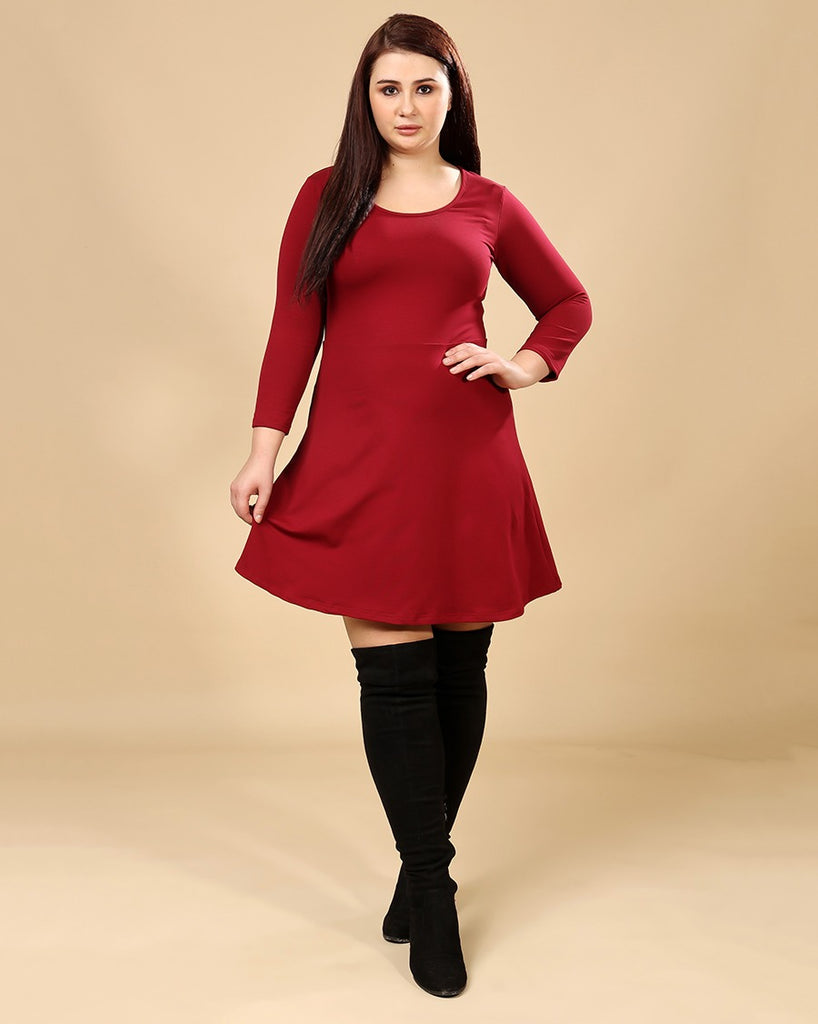 Model wearing Poly Blended Mini Dress with Pattern type: Solid-1