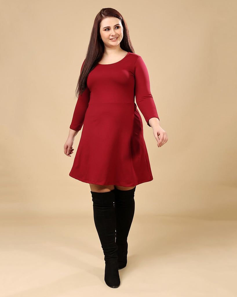 Model wearing Poly Blended Mini Dress with Pattern type: Solid-2