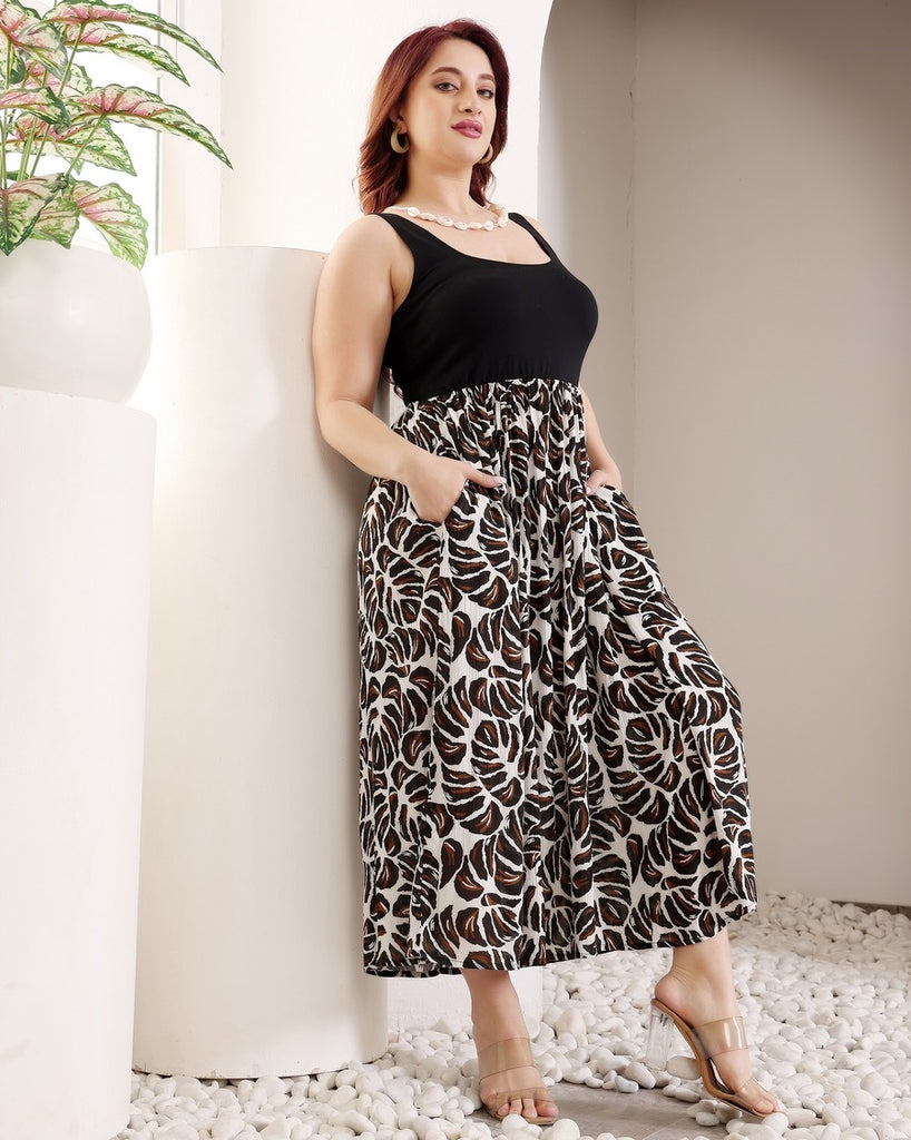 Model wearing Viscose Crepe Midi Dress with Pattern type: Leaf-5