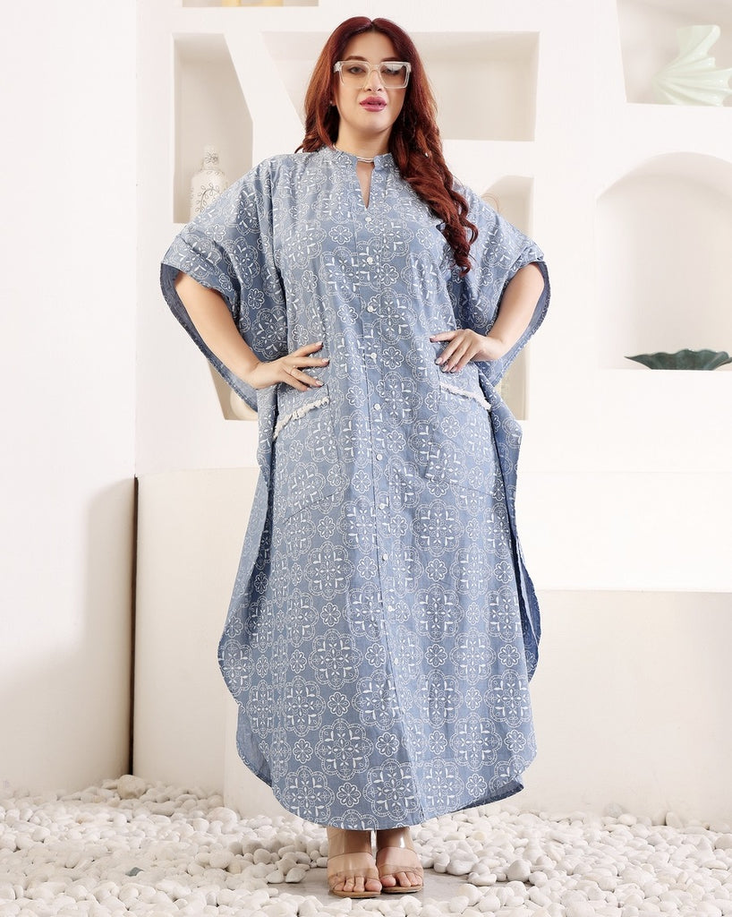 Model wearing Cotton Maxi Night Dress with Pattern type: Geometric-4