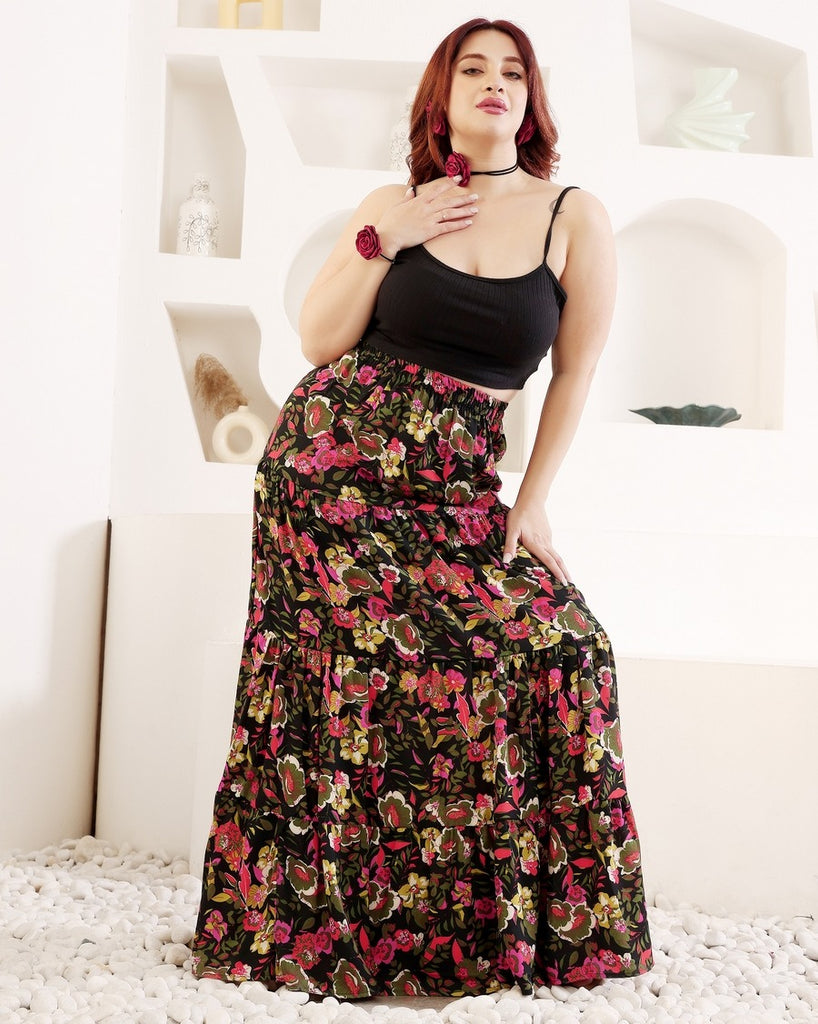 Model wearing Rayon Maxi Skirt with Pattern type: Floral-3