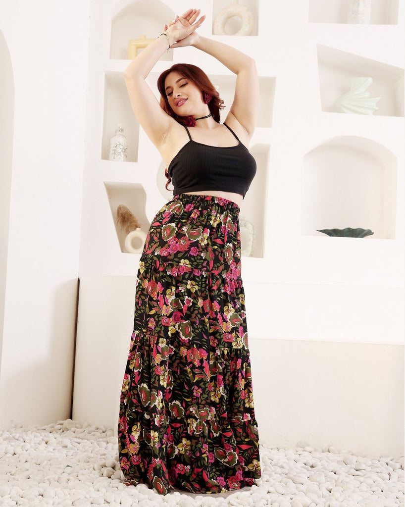 Model wearing Rayon Maxi Skirt with Pattern type: Floral-5