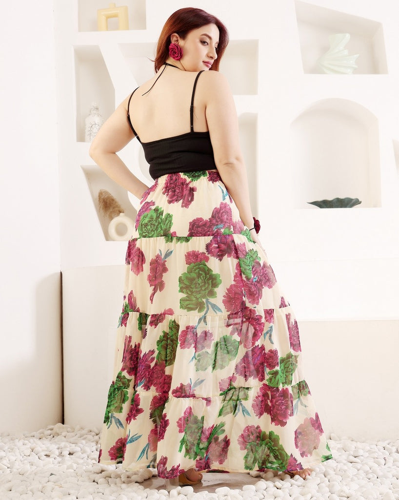 Model wearing Polyster Chiffon Maxi Skirt with Pattern type: Floral-1