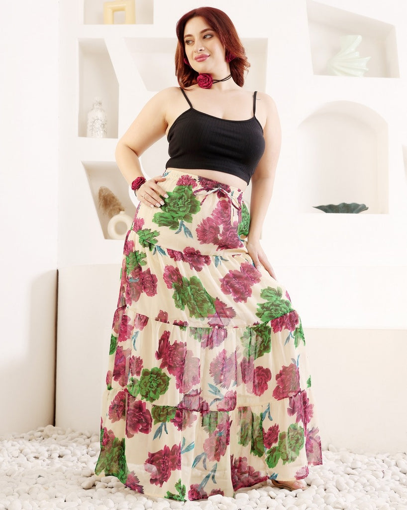 Model wearing Polyster Chiffon Maxi Skirt with Pattern type: Floral-4