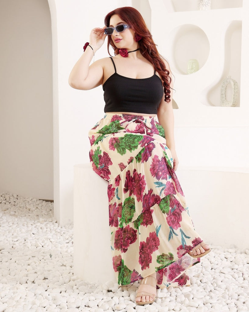 Model wearing Polyster Chiffon Maxi Skirt with Pattern type: Floral-5