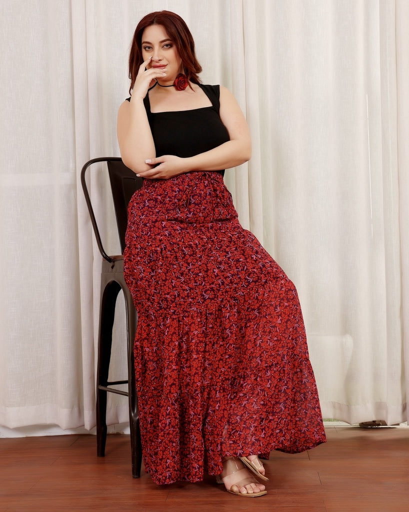 Model wearing Polyster Georgette Maxi Skirt with Pattern type: Floral-5