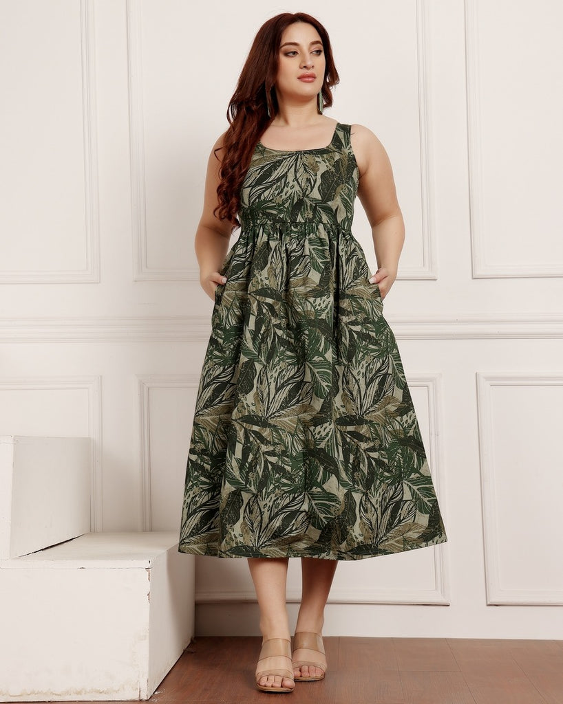 Model wearing Cotton Poplin Midi Dress with Pattern type: Leaf-2