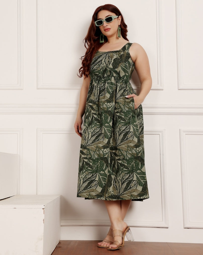 Model wearing Cotton Poplin Midi Dress with Pattern type: Leaf-5