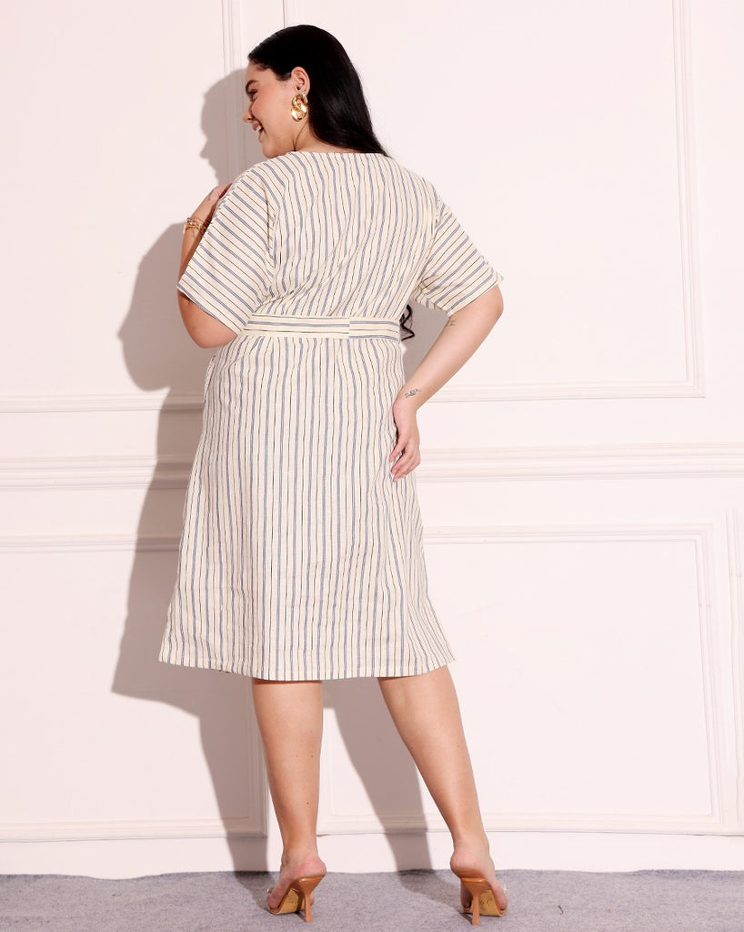 Model wearing Linen Midi Dress with Pattern type: Striped-1