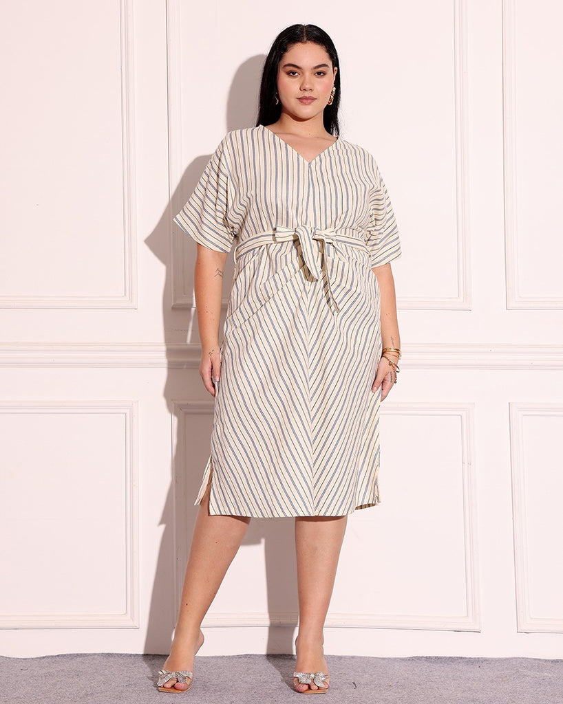 Model wearing Linen Midi Dress with Pattern type: Striped-2
