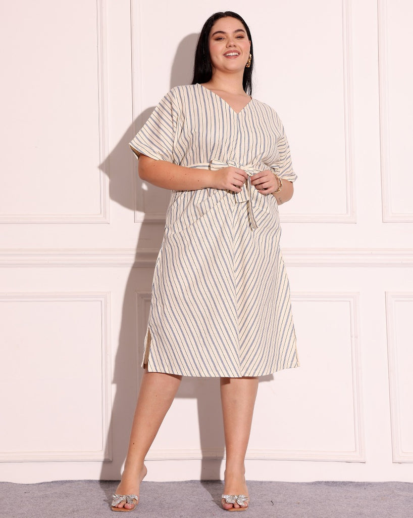 Model wearing Linen Midi Dress with Pattern type: Striped-3