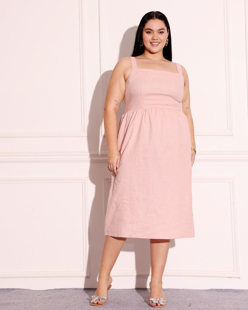 Model wearing Linen Midi Dress with Pattern type: Solid-14