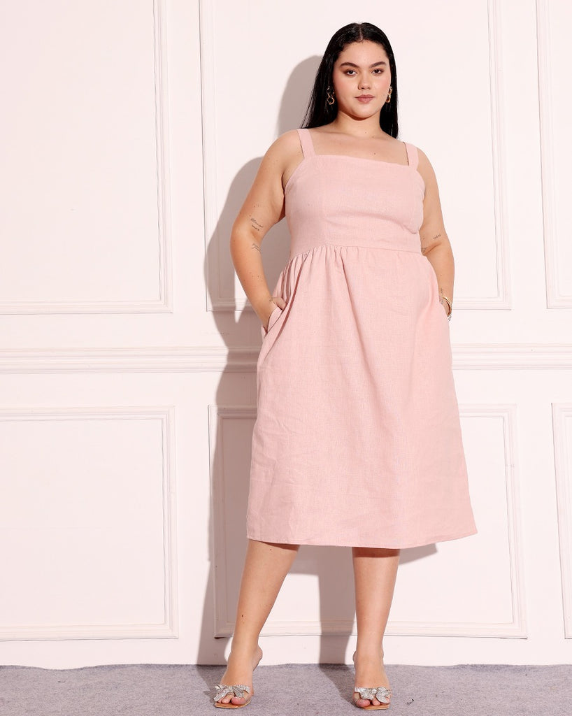Model wearing Linen Midi Dress with Pattern type: Solid-16