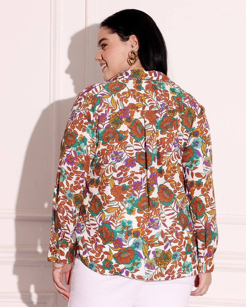 Model wearing Poly Crepe Shirt with Pattern type: Floral-1